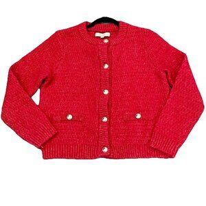 LOFT Women's Stitchy Sweater Jacket Size Large Cardigan Red Silver Knit